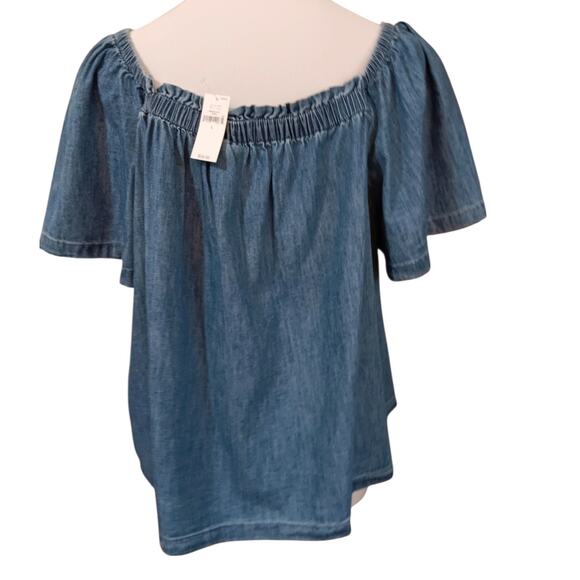 NEW GAP Boho Peasant Top Large Square Gathered Neck Milkmaid Cotton Light Denim - Picture 2 of 7
